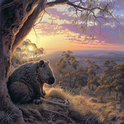 An elderly wombat at the entrance of its burrow, gazing over a pristine wilderness as the day fades.