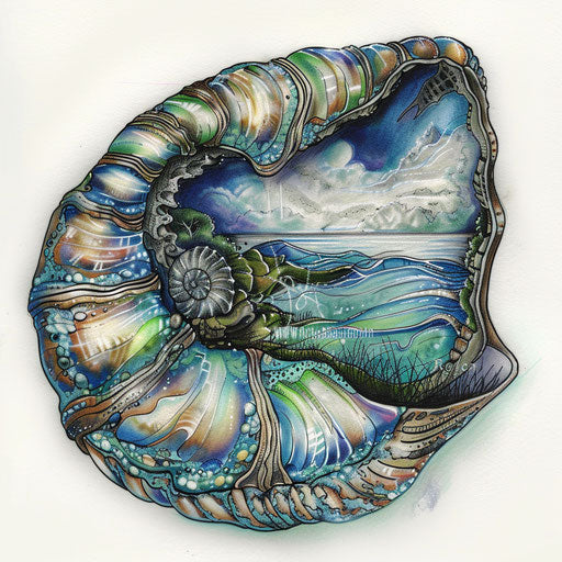 Shell revealing dreamy seascape, vibrant blues and greens