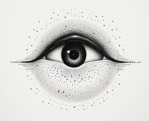 Black eye with rainbow beams on white background