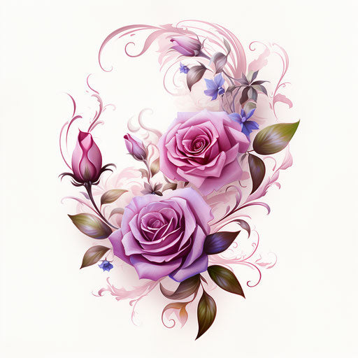 Roses tattoo design with leaves, flowers and vine in purple and pink