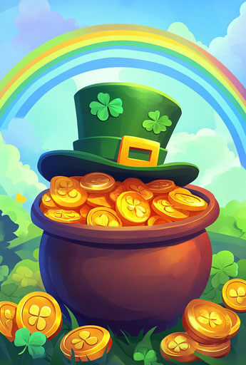 Cartoon pot of gold: rainbow, shamrocks, leprechaun hat