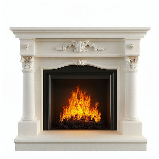 3D fireplace on flat white background photo realistic style