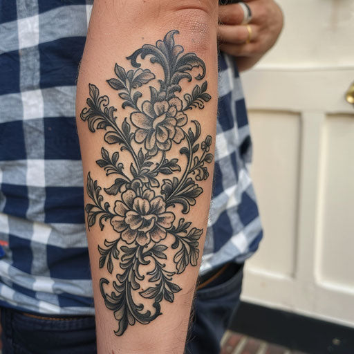 Men's forearm tattoo with intricate floral design