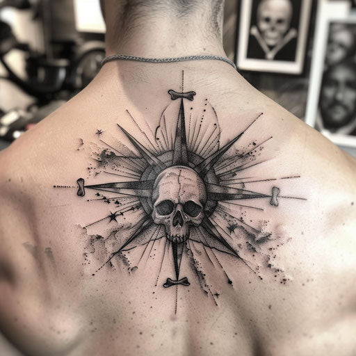 Pirate-inspired nautical star tattoo with skull and crossbones theme