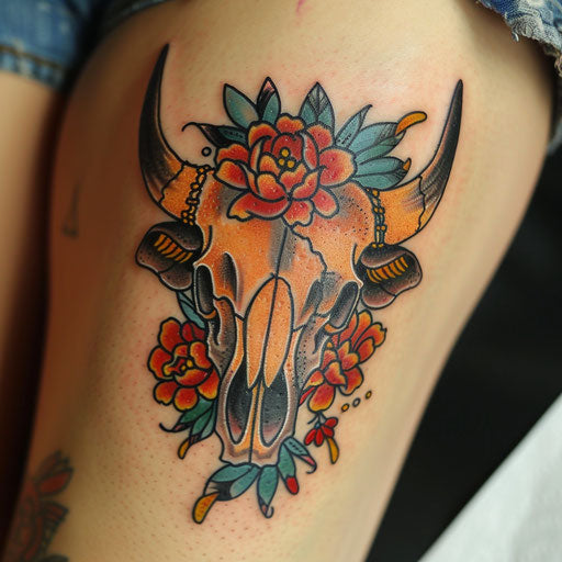 Traditional American style bull skull tattoo