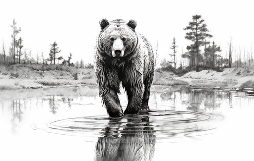 Bear walking on hyper-realistic black and white graphic illustration