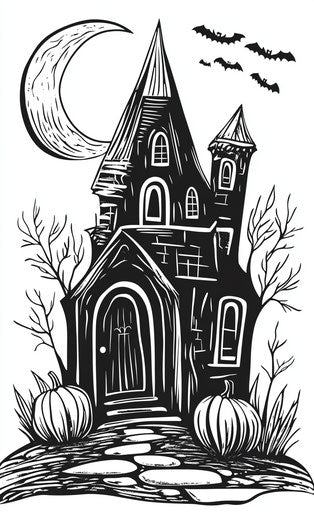 Haunted house with pumpkins, spooky design for Halloween-themed wall art.