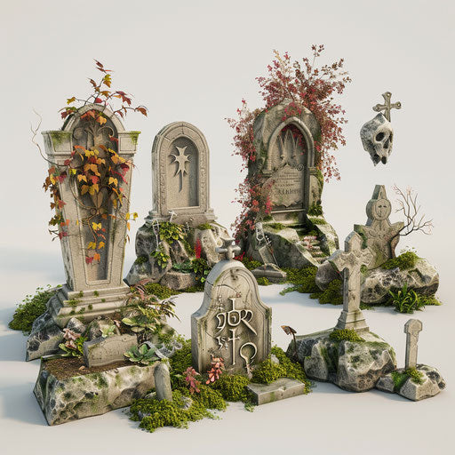 Graveyard clipart in a photo realistic style on flat white