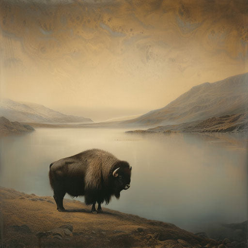 Musk ox in a serene and poetic landscape