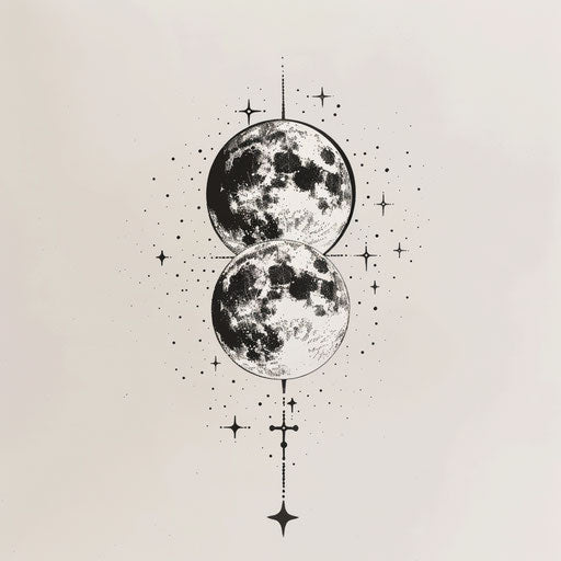 Minimalist moon phase and stars in line art on white background