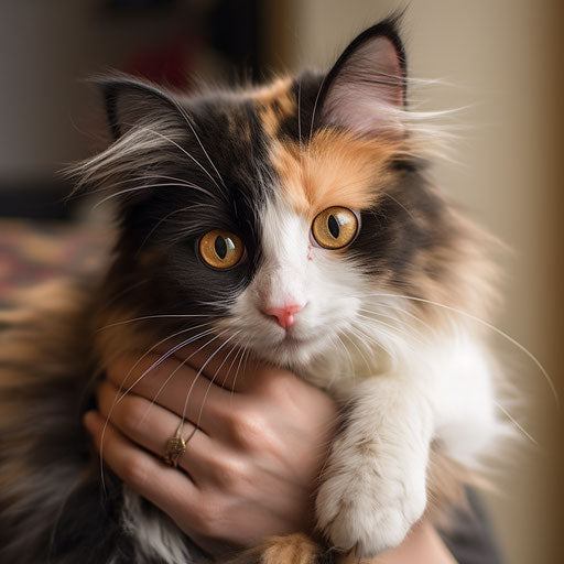 Calico cat being held by its owner