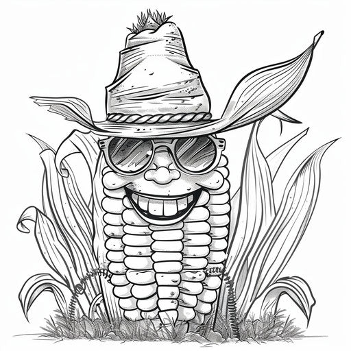Whimsical corn character with hat and sunglasses