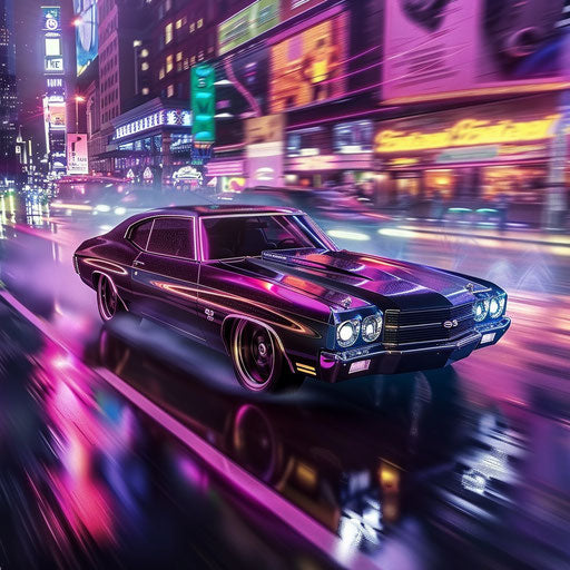 1977 Chevelle, matte black finish, cruising neon-lit city street at night