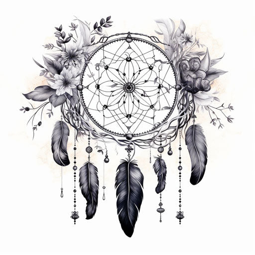 Dream catcher with feathers and dots, black and white artwork style