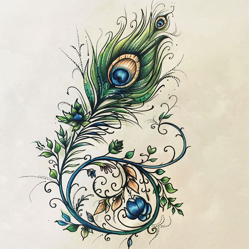 Botanical peacock feather tattoo sketch with intertwined greenery and floral designs