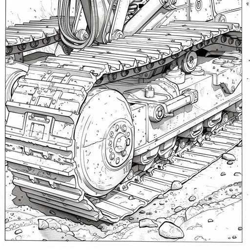 Mechanical details of a bulldozer's tracks and blade