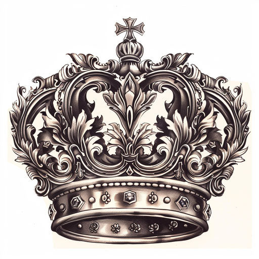 Royal crown tattoo in baroque style with ornate detailing and curling golden lines on white background