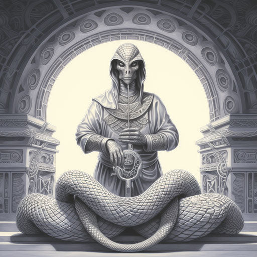 Egyptian statue and two snakes: mystical symbolism