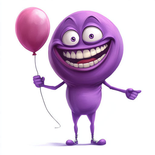 Humorous caricature of a lavender caricature clipart with human characteristics, exaggerated smiling mouth, long arms, holding a balloon, vibrant colors, cartoon style, winking, high-res, backgroundless, isolated -c40