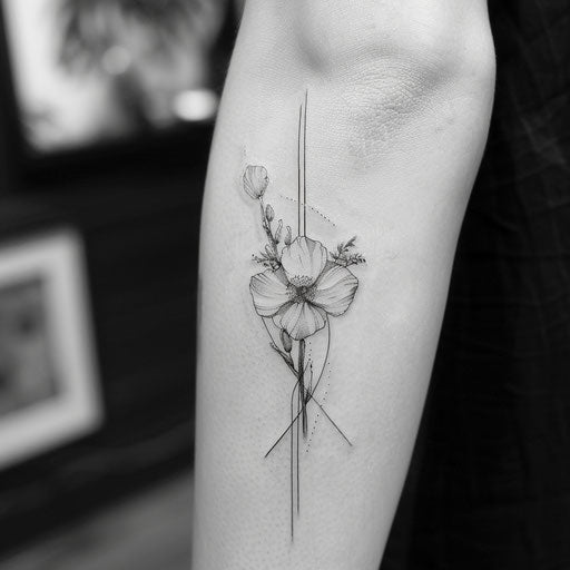 Geometric wildflower tattoo, mix of sharp lines and soft petals, black ink