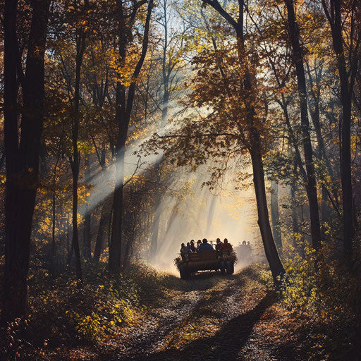 A hayride through a misty forest with sunlight and autumn views