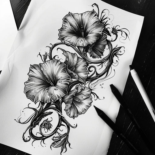 Gothic tattoo sketch of morning glory with dark shadows