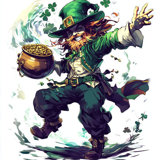Leprechaun dancing with a pot of gold, on a white background, clipart style