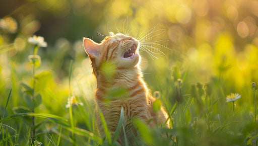 Collection of photos of yellow cat yawning in grass