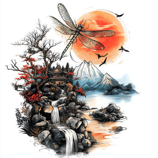 Beautiful flat tattoo sketch of yakuza back tattoo with dragonfly
