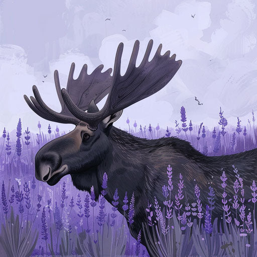 A moose in a field of lavender, wild and delicate contrast