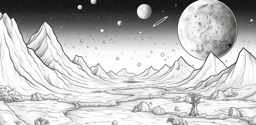 Coloring page of asteroids and planets, surface photographs style