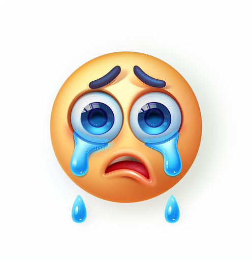 Crying face with blue tears and red snot on white background