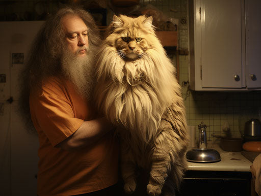 Man with large long-haired cat in kitchen
