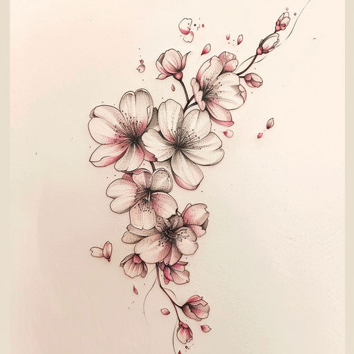 Dynamic flat tattoo of blooming cherry blossom in micro realism