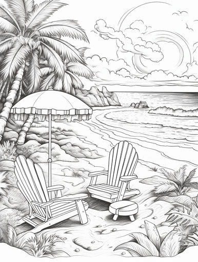 Sunny beach in cartoonish engraved line-work, black and white imagery