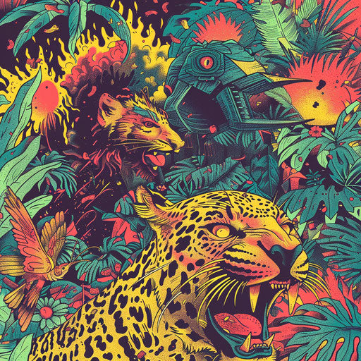 Jungle explosiones and animals in pop art tattoo style