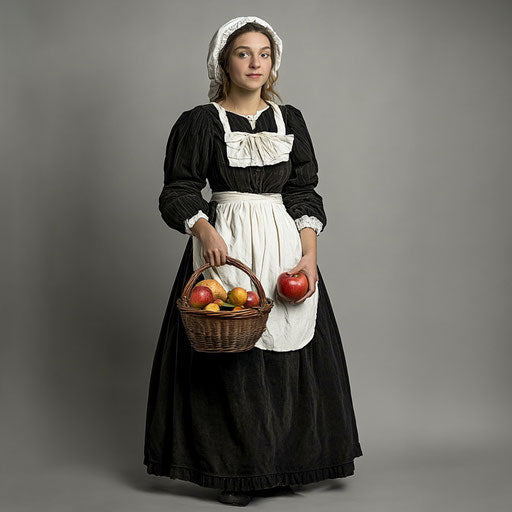 Pilgrim Woman - black and white dress with apron, holding food basket and apple, full-body shot, isolated on solid background