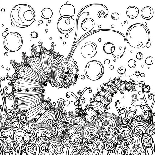 A playful scene of a caterpillar blowing bubbles. Coloring book page