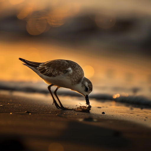 A western snowy plover looking for food in the early morning on a deserted sandy beach