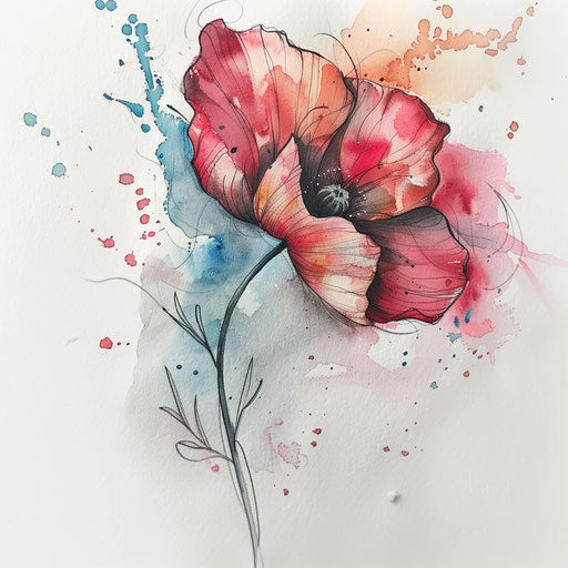 Watercolor poppy tattoo draft with flowing colors and a dreamy appearance on a white paper texture background