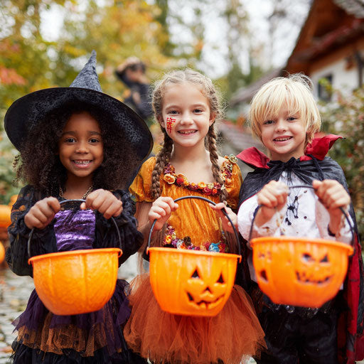 Three children in Halloween costumes with pumpkins