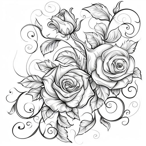 Elegant bouquet of roses with swirling vines and leaves