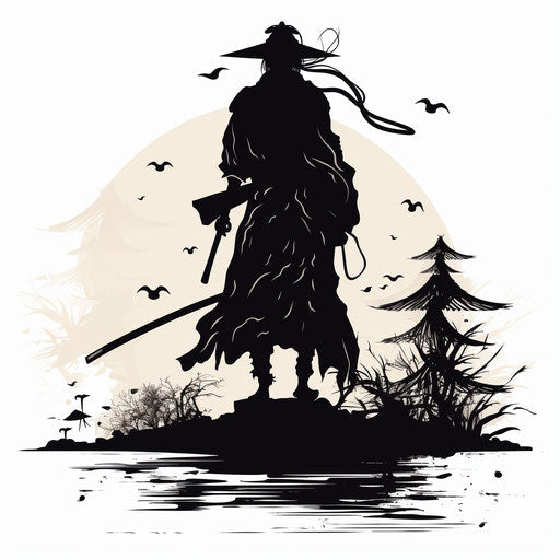 Japanese samurai silhouette in outline, sandalpunk style