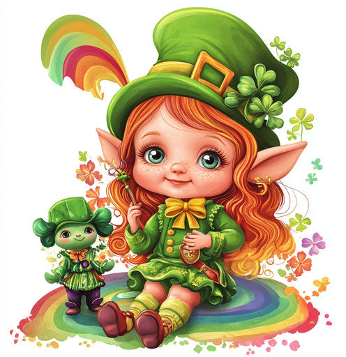 St. Patrick's Day baby girl with leprechaun and doll