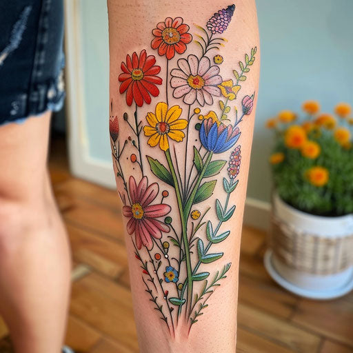 Whimsical wildflower tattoo, cartoon style, bright colors, playful elements