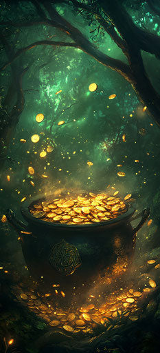 Magical treasure in green forest with ancient symbol