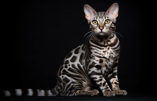 Bengal cat with mixed patterns on dark blue and light silver background