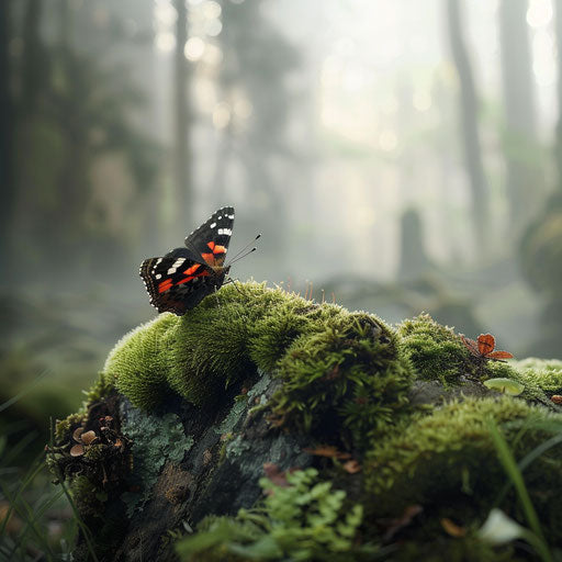 Red admiral butterfly on mossy rock in misty forest