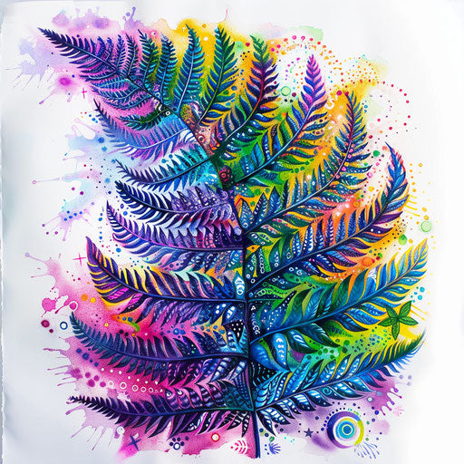 Psychedelic fern tattoo, vibrant colors, trippy patterns