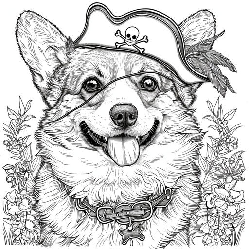 Whimsical corgi dressed as a pirate with hat and eye patch